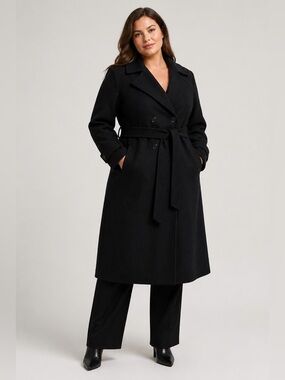Ashley Scott Black Wool Blend Long Coat with Belt